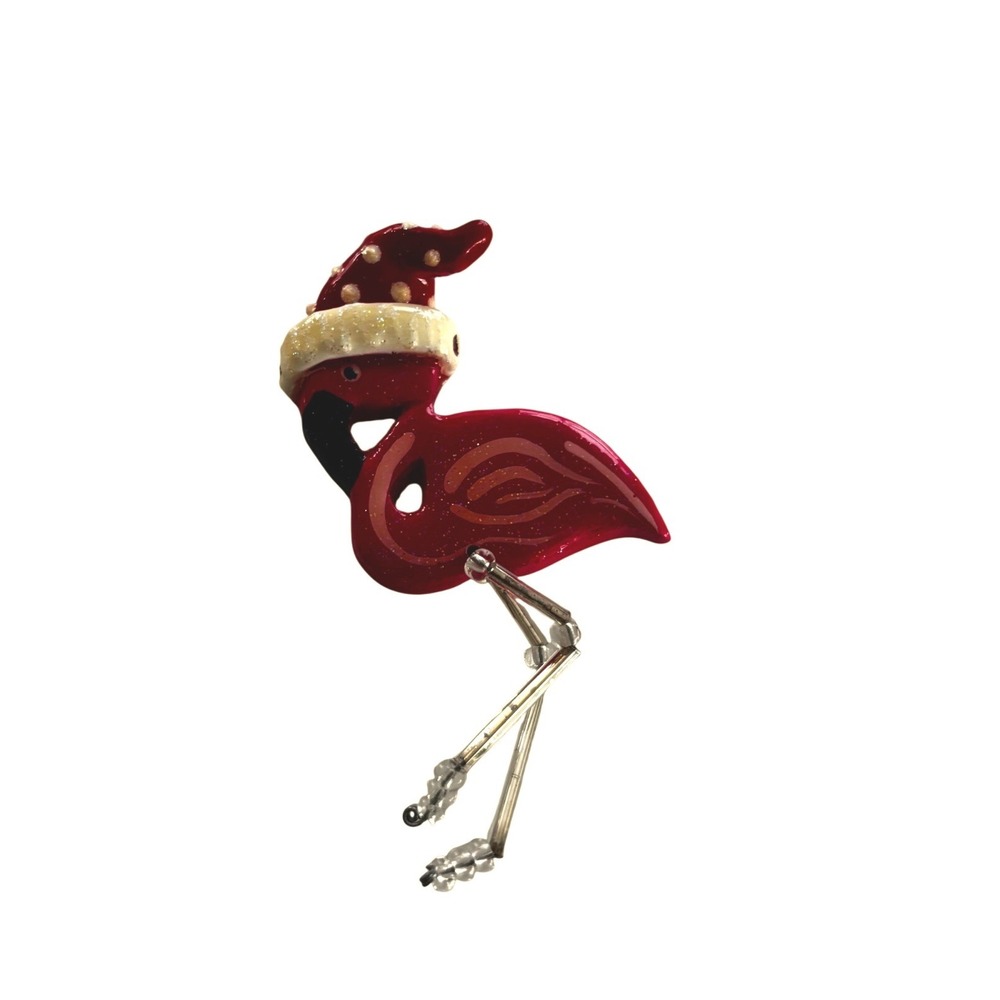 Hand Painted Resin Flamingo Christmas Pin - Tropical Holiday Brooch 3"